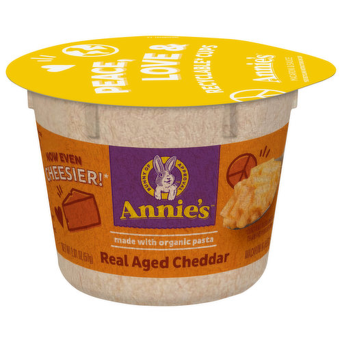 For a super easy and delicious microwave meal, Annie's Real Aged Cheddar Macaroni and Cheese Cup is the ultimate in comfort food. Just add water, microwave and enjoy a creamy cup of mac and cheese in minutes. It's made with organic pasta and flavorful real aged cheddar, and you'll be glad to know there are no artificial flavors, synthetic colors or preservatives. Take one with you as an easy snack when you need a little comfort in your day.