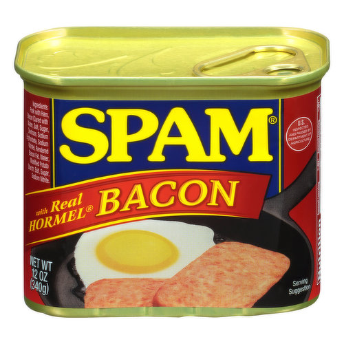 With real Hormel. Gluten free. Break the Monotony. US inspected and passed by Department of Agriculture. www.spam.com. Product questions, please call: 1-800-523-4635. For more fun ideas visit spam.com Recyclable aluminum.