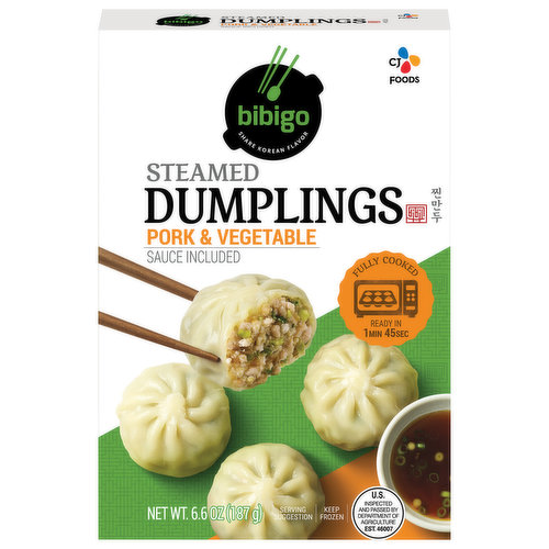 BIBIGO Pork & Vegetable Steamed Dumplings are an approachable way to explore Korean style cuisine with convenient, easy to prepare steamed dumplings! Premium ingredients including cabbage, green onion, garlic, tofu and juicy pork all packed into a thin wrapper so you get more bold flavor in every bite.Share BIBIGO Dumplings as a uniquely different and flavorful appetizer with friends, or add them to your favorite soup for a culinary twist. The convenience of our frozen dumplings makes it easy to share a savory, versatile, bold appetizer whenever you crave Asian flavors.When you taste your first juicy bite of a BIBIGO Dumpling, you will experience true Korean flavors that taste bold and are steeped in tradition. Easy to prepare by microwaving for 2 minutes. Enjoy with the soy/vinegar sauce included, for a rich and delectable Asian taste experience. Whenever you need a unique appetizer or interesting dish to share with friends, BIBIGO steamed dumplings transport you to an authentic, Korean style snack experience you will want to explore!Go somewhere new, go big, go bold, Go BIBIGO.
