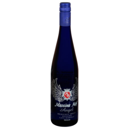 Late harvest. Texas. Established in 1977, Messina Hot is the marriage of two family heritages that dates back eight generations to Messina, Sicily and Hof, Germany. Messina Hof’s Angel is a crisp, sweet dessert wine. Angel was named for its angelic sweet-ness and in honor of the angels that are carved in stone on the front wall of the Messina Hof winery in Bryan. Angel Late Harvest Riesling Sugar at Harvest 24 degrees Brix Residual Sugar 8% by weight.