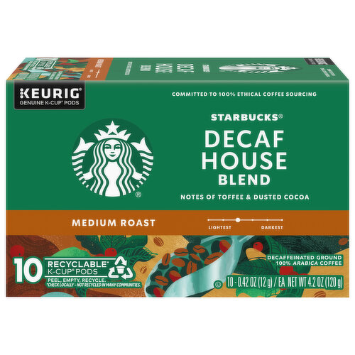 Starbucks Coffee, Ground, Medium Roast, House Blend, Decaf, K-Cup Pods