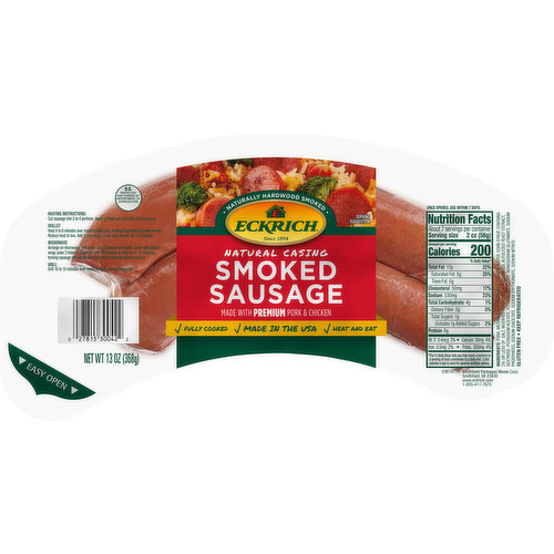 Eckrich Natural Casing Smoked Sausage Rope is crafted with just the right blend of spices and has a tender texture, making it a delicious addition to any meal. Eckrich natural casing sausage is perfect for slicing and lends great taste to pasta dishes and casseroles. This fully cooked sausage is easy to heat on the stovetop or in the microwave. Eckrich smoked sausage rope comes in a convenient easy-open package with a peel tab for quick access. Craftsmanship, care and pride are guaranteed with every Eckrich product.