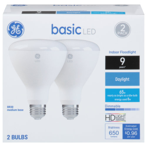 Brightness Quantity: 650 lumens. Energy Info: $0.96 based on 3 hrs/day, 11 cents/kWh. Cost depends on rates and use. 8 watts. Package Info: 2-Pack. 2. Bulb Info: Indoor. LED. Is Dimmable. Is Flood Light. Medium. Bulb Life: 9.1 years based on 3 hrs/day. Bulb Appearance: 5000 k.