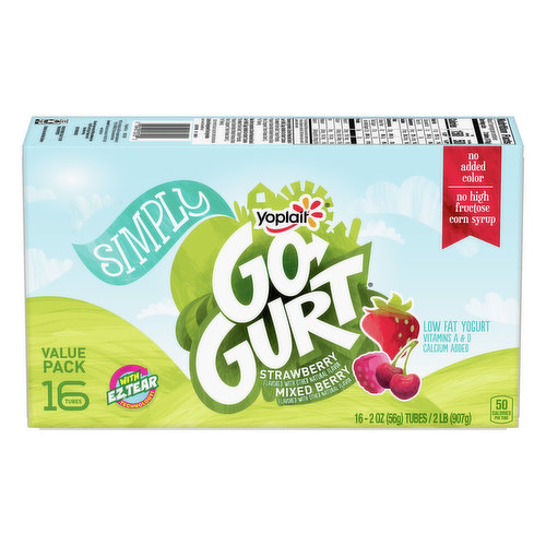 Go-Gurt Yogurt, Low Fat, Strawberry, Mixed Berry, Tubes, Value Pack