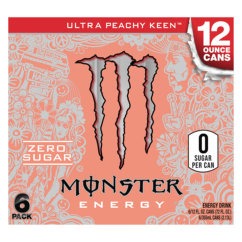 Monster Energy Drink, Zero Sugar, Ultra Peachy Keen, 6 Pack