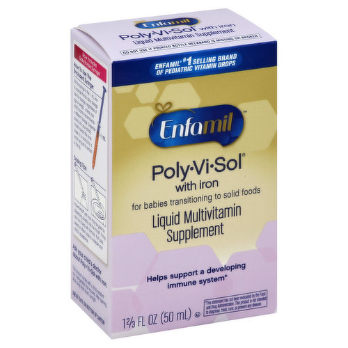 Multivitamin Supplement. For babies transitioning to solid foods. Enfamil no. 1 selling brand of pediatric vitamin drops. Helps support a developing immune system. Enfamil Poly-Vi-Sol with Iron Liquid Multivitamin Supplement has vitamin D as recommended by the American Academy of pediatrics for infants and toddlers who consume less than one quart of milk or formula per day. Poly-Vi-Sol with iron is designed to help meet the nutritional needs of your growing infant or toddler. Poly-Vi-Sol with iron is an ideal multivitamin supplement during your child's transition to solid foods, during growth spurts, or for the picky eater. One daily dose of Poly-Vi-Sol with iron has 9 vitamins and is fruit flavored. Lactose-free and free of artificial sweeteners. Trust Enfamil - No. 1 selling brand of pediatric vitamin drops. While taking liquid multivitamin supplements with iron, a slight darkening of the teeth may occur. Brushing will minimize this temporary condition. If you have a question, we are here for you. Call us toll free: 1-800-Baby123, 8 am to 4:30 pm Monday-Saturday, Central Time. Or visit Enfamil.com. (This statement has not been evaluated by the Food and Drug Administration. This product is not intended to diagnose, treat, cure, or prevent any disease.) Made in Canada.