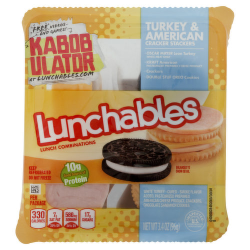 White turkey-cured-smoke flavor added, pasteurized prepared American cheese product, crackers, chocolate sandwich cookies. Per Package: 330 calories; 7 g sat fat (35% DV); 580 mg sodium (24% DV); 17 g sugars. 10 g good source of protein. Turkey & American Cracker Stackers: Oscar Mayer lean turkey white meat only; Kraft American pasteurized prepared cheese product; Crackers; Double Stuf Oreo cookies. Free videos and games! Kabobulator at lunchables.com. Inspected for wholesomeness by US Department of Agriculture. lunchables.com. Visit us at: Lunchables.com or call us at: 1-800-222-2323. Please recycle this card.