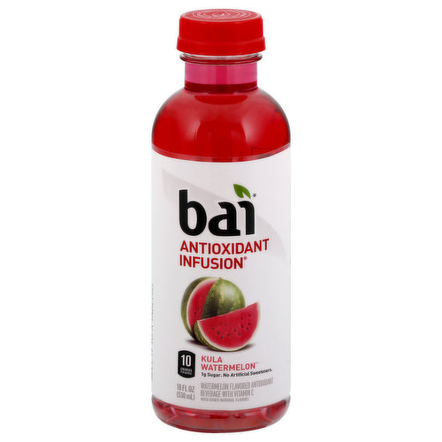 Watermelon flavored antioxidant beverage with vitamin C. With other natural flavors. 10 calories per bottle. 1 g sugar. 1 net carb per serving (Erythritol carbs have no calories or effect on blood sugar). Antioxidants (per bottle): 13.5 mg Vitamin C; 100 mg Polyphenols from tea and coffeefruit extracts. Gluten free. Good source of Vitamin C. 55 mg Caffeine per Bottle: Like a cup of green tea. Low glycemic impact. Antioxidant infused. No artificial sweeteners. The rumors are true. Watermelon is here, and it’s making splash. It’s the sweet summer blockbuster your taste buds can’t stop talking about. They’re gushing. Really. And with just 1 gram of sugar and no artificial sweeteners, we don’t blame them. Your tongue is like a red carpet, and the paparazzi are everywhere. Good thing this juicy flavor looks as good on camera as it tastes. Flavor so juicy, you could probably sell it to a tabloid. Contains 1% juice. Never hot filled. DrinkBai.com. Facebook. Twitter. Pinterest. Instagram. (at)DrinkBai. Our flavor names pay homepage to the world’s coffee regions. Learn more at DrinkBai.com/flavornames. (BPA-free).