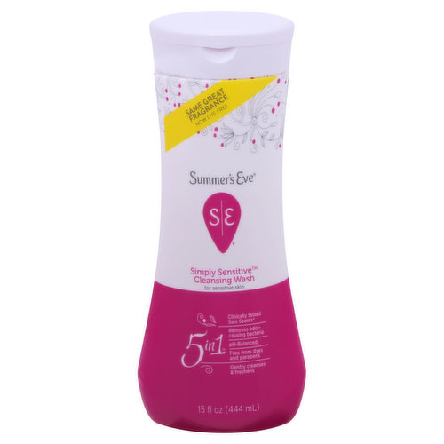 5 in 1. Same great fragrance. Now dye free. Cleansing wash for sensitive skin. Clinically tested safe scents. Removes odor-causing bacteria pH-balanced. Free from dyes and parabens. Gently cleanses & freshens. 5 Ways to Fresh: No matter what your day brings, you can trust Summer's eve Cleansing wash. Packed with 5-inches-1 freshness. Summer's eve cleansing wash won't dry like soap, and it's pH-balanced to match your body's natural chemistry. And not only does Summer's eve cleansing wash help stop odor. It features gynecologist-tested safe scents signature scents approved for everyday use. summerseve.com. Want to chart? Send us an email at summerseve.com or call 866-787-6383. This product is not tested on animals. Dye free.