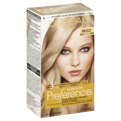 With shine serum. Level 3. Fade-defying color + shine system. Rich luminous conditioning colorant. Experience preference our true gold standard of beautiful color and shine. Preference's Superior Fade-Defying Color and Shine System creates a rich long-lasting color spectrum with luminosity, shine and beautiful gray coverage. Luminous color shines from every strand and defies fade-out for up to 8 beautiful weeks. Plus, our color protective care supreme conditioner formulated with golden Camelina oil, anti-oxidant vitamin E and UV filter helps keep first day color vibrancy and provides silky, resilient hair. From root to tip, color won't fade-out, turn dull or brassy. Pro-precise applicator. This Kit Contains: color optimizing crème; color gel; care supreme multi-dose conditioner (6 weekly treatments); superior colorist gloves; pro-precise applicator; insert. Ingredients continued on the bottom. Because you're worth it. Questions? Need shade advice? Contact the experts at L’Oréal consumer affairs 1-800-631-7358 or visit www.lorealparis.com. Made in Mexico.