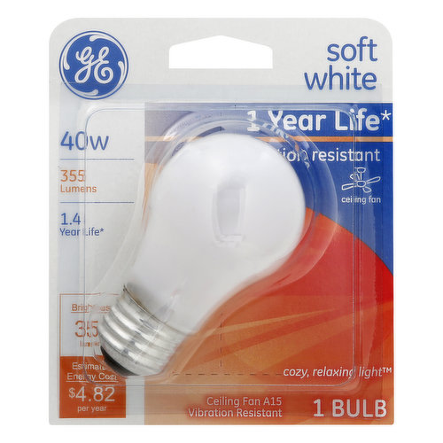 Brightness Quantity: 355 lumens. Energy Info: $4.82 based on 3 hrs/day, 11 cents/kWh. Cost depends on rates and use. 40 watts. Package Info: 1. Bulb Info: Is Ceiling Fan Compatible. Screw. Medium.. Bulb Life: 1.4 years based on 3 hrs/day. Bulb Appearance: 2700 k.
