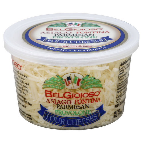 Asiago. Fontina. Parmesan. Provolone. Say Bel-joy-oso. Award winning cheeses. Master cheesemakers hand-craft our award-winning asiago, fontina, parmesan and mild provolone cheeses using only fresh local milk. Careful aging and fresh shredding ensure excellent flavor and texture. Enjoy this balanced blend of sweet, sharp and nutty flavors served over salads, pastas and pizzas. Asiago aged 5 months, fontina aged 60 days, parmesan aged 10 months, mild provolone aged 60 days. Belgioioso.com. rBST free (No significant difference has been found in milk from cows treated with artificial hormones). Gluten free. Classic Italian cheeses made in the USA. Crafted in Wisconsin.