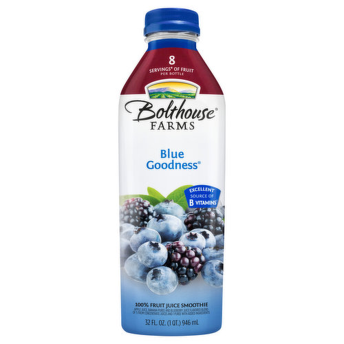 After more than 100 years of working the land, one lesson rises to the top: The best beverages come from the best ingredients. Crisp veggies. Ripe fruit. All blended together to make great-tasting juices, smoothies and protein shakes. Goodness in, goodness out. Feel good about what's in this bottle. Which includes the juice of (not an exhaustive list): 4 3/4 apples; 1/3 banana; 22 blueberries; 22 blackberries. Please recycle.