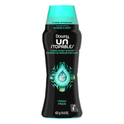 12 weeks of freshness (from wash until wear). Squeeze & sniff. Downy Unstopables go directly into the washer to give a fresh scent boost. www.downy.com. how2recycle.info. SmartLabel: Scan barcode with SmartLabel app for more info. For more ingredient information visit www.downy.com. Talk to Downy 1-800-688 Soft (7638) or visit us at www.downy.com/www.downy.ca. Bottle made from 25% or more post-consumer recycled plastic. Made in China.