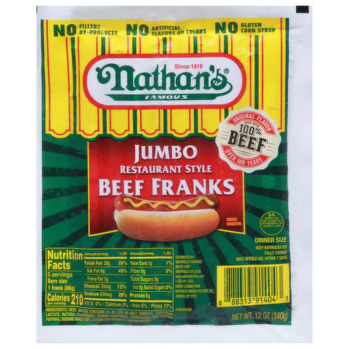 Nathan's Famous Beef Franks, Restaurant Style, Jumbo, Dinner Size