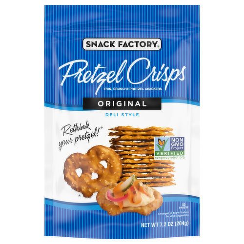 Rethink your pretzel! Crunch'em. Crack'em. Dip'em. Stack'em. Snack Factory Pretzel Crisps are a modern twist on an old favorite. They're the best part of the pretzel -thin and flavorful with the crunch you love. Whether you like them plain, dipped, or paired with your favorite toppings, we're sure you'll enjoy this wholesome snack as much as we do. One bite and you'll Rethink Your Pretzel!