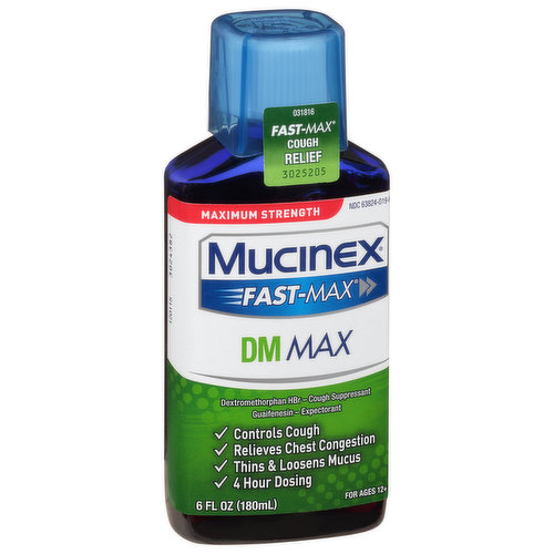 In Each 20 ml: Other Information: Each 20 mL contains: sodium 12 mg. Store at 20-25 degrees C (68-77 degrees F). Do not refrigerate. Maximum strength per 4-hour dose. For ages 12+. Dextromethorphan HBr - Cough suppressant. Guaifenesin - Expectorant. Controls cough. Relieves chest congestion. Thins & loosens mucus. 4 hour dosing. health. Hygiene. Home. www.mucinex.com. 1-866-Mucinex (1-866-682-4639). You may also report side effects to this phone number. Please visit our website www.mucinex.com. Parents: Learn about teen medicine abuse. www.StopMedicineAbuse.org. Made in England.