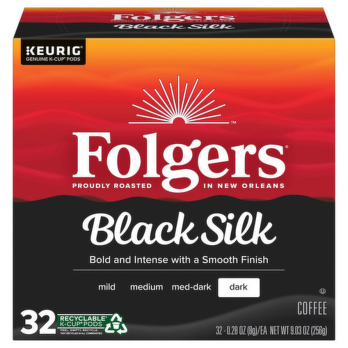 Slip into satisfaction with a delicious Folgers dark roast coffee that tastes and feels as luxurious as it sounds. Folgers Black Silk coffee is an exceptional dark roast coffee carefully crafted to deliver a distinctive blend of bold and smooth flavors with every sip. And because it’s conveniently packaged in genuine Keurig K-Cup pods, you can enjoy this indulgent coffee with the touch of a button using virtually any Keurig coffee maker. No measuring and no filters means you can spend less time making your coffee and more time enjoying it to help make every morning feel a little smoother.