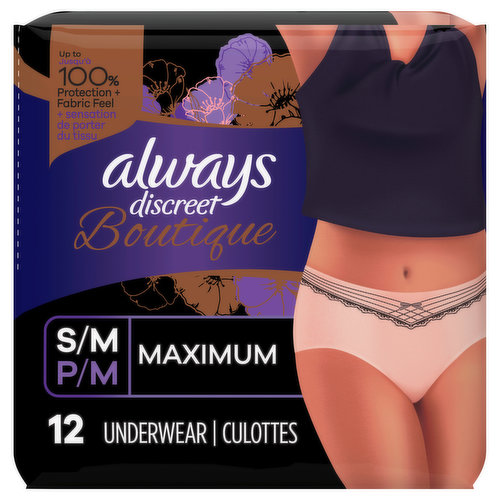 Up to 100% protection + fabric feel. Maximum protection made beautiful. Lightly scented. Boutique: S/M: 100-190 lbs, 24-40 in/po; PM: 45-86 kg, 61-102 cm. how2recycle.info. www.alwaysdiscreet.com. www.pg.com. For more information about this product and its fragrance visit the product detail pages on our website www.alwaysdiscreet.com. Questions? 1-855-206-8286. FSA: Call your health care provider for details. Assembled in Canada.