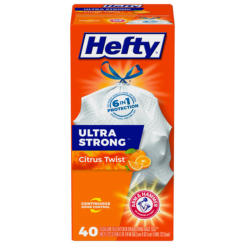 6 in 1 Protection: Flex strength. Secure-fit closure. Odor control. Resists leaks, punctures, rips. Continuous odor control. Arm & Hammer: The standard of purity. 6 in Protection: 1. Flex strength. 2. Secure-fit closure. 3. Odor control. 4. Resists leaks. 5. Resists punctures. 6. Resists rips. Hefty is committed to advancing sustainable, end-of-life solutions for plastic waste. Check out www.hefty.com to learn more about our latest programs and products.