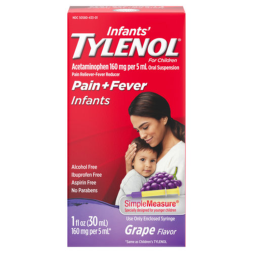 Infants' Tylenol Oral Suspension provides temporary relief from your child's minor aches and pains due to the common cold, flu, sore throat, headache, toothache. The formula of this liquid medicine also temporarily reduces fever and starts working in as little as 15 minutes. Each 5 milliliter dose contains 160 milligrams of acetaminophen, a known pain reliever and fever reducer. Infants' Tylenol is the number 1 pediatrician-recommended brand for teething pain and is gentle on little tummies with a kid-friendly grape flavor. It includes a SimpleMeasure syringe with dosing for children 2 to 3 years of age. For dosing information for children 2 years and under, ask your healthcare professional. Help provide relief for your baby with Tylenol, the number 1 pediatrician-recommended brand of pain reliever and fever reducer.
