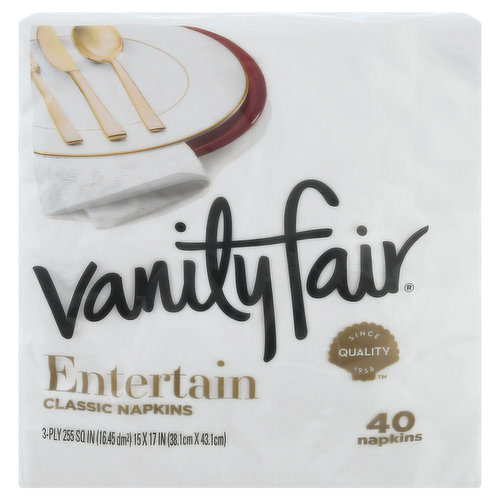 Quality since 1958. Turn your ordinary meal into an extraordinary meal with Vanity Fair Entertain Napkins. Impress your guests and family with this simple, yet elegant accompaniment for those special entertaining occasions. Featuring beautifully detailed embossing and a smooth, cloth-like texture, our 3-ply napkins are exceptionally versatile and 50 percent larger than Vanity Fair everyday napkins. Vanity Fair is also available in 2-ply everyday. Design collection and extra absorbent napkins, luxury napkins, beverage napkins hand towels, plates, bowls, and tablecovers.