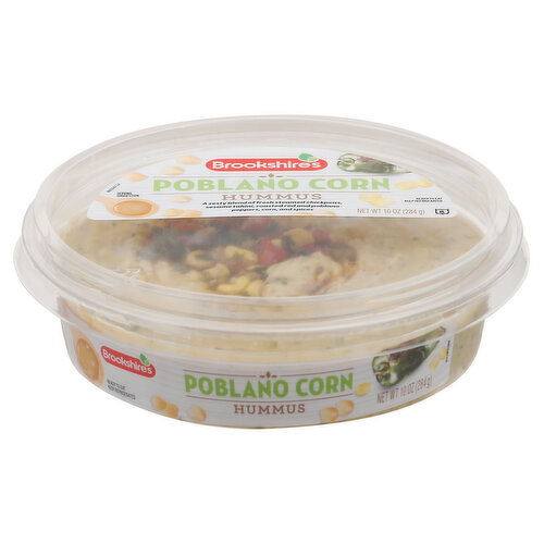 A zesty blend of fresh steamed chickpeas, sesame tahini, roasted red and poblano peppers, corn, and spices. Ready to eat. If you’re not happy, we’re not happy. 100% satisfaction, 100% of the time, guaranteed! brookshires.com. Questions? call us at 1-888-937-3776. brookshires.com.