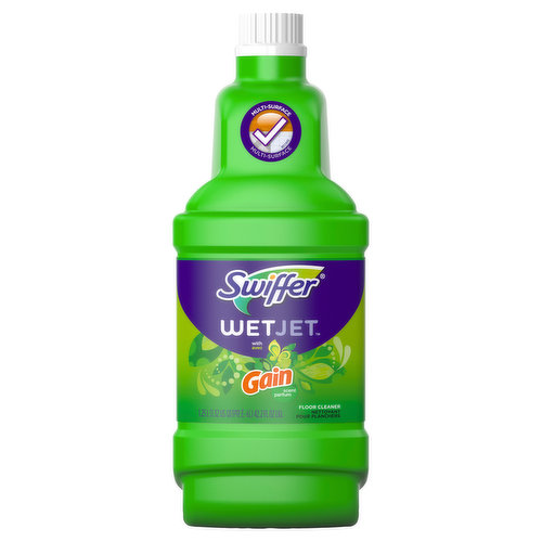 This side towards pole. Bottle fits any WetJet new or old. Contains no phosphates. Good Housekeeping: Since 1909. Quality tested. Limited warranty. ghseal.com for details. www.pg.com. www.swiffer.com. Questions? 1-800-742-9920.