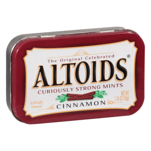 Artificially flavored. The original celebrated. Curiously strong mints. altoids.com. Questions? Comments? Call 1-800-974-4539.
