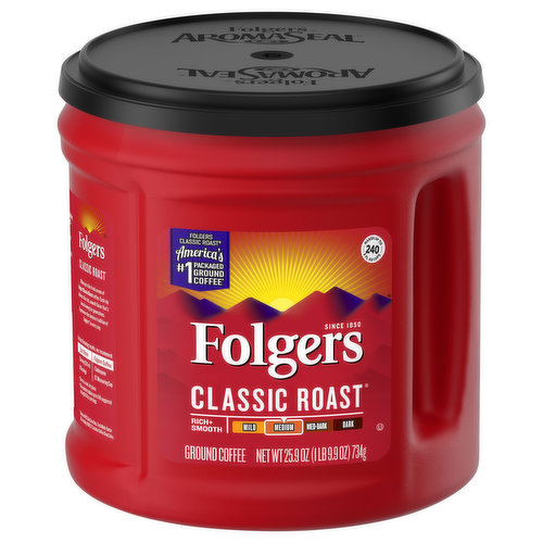 America's no.1 packaged ground coffee (Based on IRI $ sale scan data, total multi-outlet 52 wk ending 8/08/21. Excludes coffee shop sales). Since 1850. Makes up to 240 - 6 fl oz cups. 100% pure coffee. Wake up to the fresh aroma of Folgers Classic Roast coffee. Each sip delivers the rich, smooth flavor that's been brewing for generations. Experience the timeless tradition of Folgers in every cup. This canister makes up to 240 suggested strength 6 fl oz servings. Aroma Seal.
