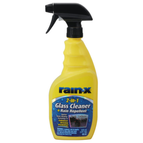 Applies water beading technology to enhance driving visibility! Treated. Untreated. Just spray on and wipe away. Cleans automotive glass steak-free. Repels rain by causing water to bead up and roll away. Helps prevent sleet, snow, ice, bugs and road spray from sticking to glass. Helps removal of bug residue and road spray from glass. Rain-X 2-In-1 Glass Cleaner + Rain Repellent improves wet weather driving visibility and is easy to use. Ease of use vs. visibility chart. 6000 - Best. Ordinary glass cleaner - Ease. Visibility. Rain-X 2-In-1 Glass Cleaner + Rain Repellent. Ease. Visibility.