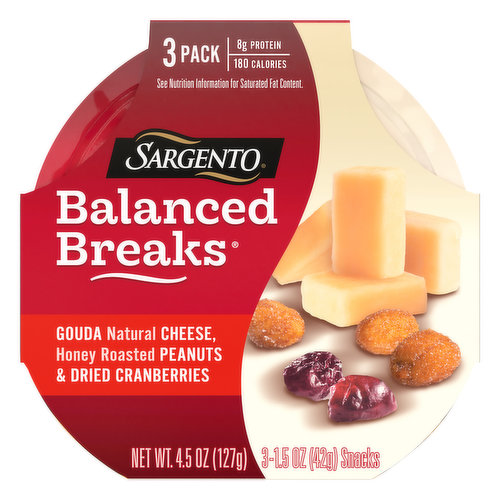 Gouda natural cheese, honey roasted peanuts & dried cranberries. 8 g protein. 180 calories. See nutrition information for saturated fat content. Our family's passion is cheese. Lou & Louie Gentine. 2nd & 3rd Generation Sargento Owners. sargento.com/balancedbreaks. Questions or Comments: Please call Sargento Consumer Affairs at 1-800-Cheeses (1-800-243-3737) from 9a.m to 4p.m. (Central Time), Monday-Friday. Please provide the freshness date on the package and the UPC bar code numbers. To learn more about our family of Balanced Breaks, go to sargento.com/balancedbreaks. Cranberries product of USA and Canada.