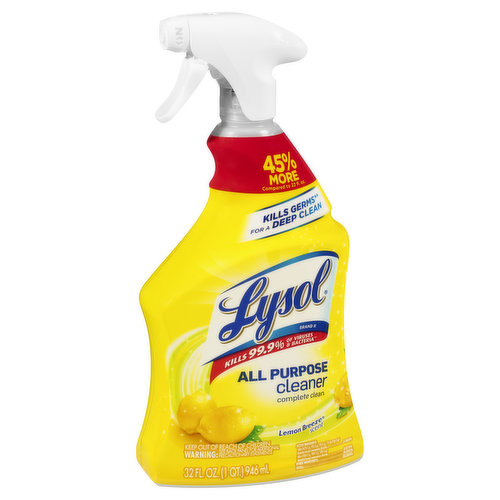 Complete clean. 45% more compared to 22 fl. oz. Kills germs (Kills salmonella enterica, escherichia coli 0157:H7, pseudomonas aeruginosa, staphylococcus aureus, avian influenza A (H1N1) virus and herpes simplex virus type 1 & 2 on hard, non-porous surface in 2 minutes) for a deep clean. Kills 99.9% of viruses & bacteria (Kills salmonella enterica, escherichia coli 0157:H7, pseudomonas aeruginosa, staphylococcus aureus, avian influenza A (H1N1) virus and herpes simplex virus type 1 & 2 on hard, non-porous surface in 2 minutes). Cuts tough grease. Removes soap scum. Deodorizes. Kills 99.9% of germs (Kills salmonella enterica, escherichia coli 0157:H7, pseudomonas aeruginosa, staphylococcus aureus, avian influenza A (H1N1) virus and herpes simplex virus type 1 & 2 on hard, non-porous surface in 2 minutes). Use this product throughout your home to clean: Kitchen: counters; sinks; stovetops; cabinets; appliance exteriors. Bathroom: tubs; glazed ceramic tile; cabinets; sinks; fiberglass fixtures. Household: washable walls; garbage pails; countertops; high chairs. Contains no phosphates. www.rbnainfo.com. Contact Number: Questions? Comments or in case of an emergency, call toll free 1-800-228-4722. Have the product container or label with you when calling a poison control center, or doctor, or going for treatment. Questions? 1-800-228-4722. For ingredients and other information, www.rbnainfo.com. This bottle is made for 25% post-consumer recycled plastic.