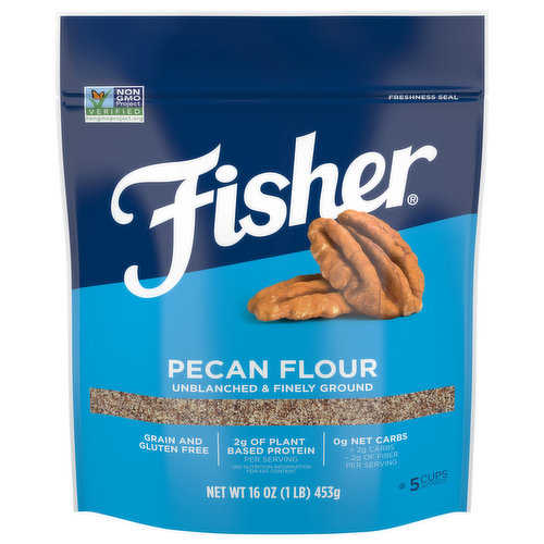 At fisher, we take pride in creating high-quality, great-tasting nuts and we've been at it for over 100 years. Unblanched Pecan Flour: fisher pecan flour is unblanched, which means we leave the skins on. It's closer to nature and closer to the natural flavor and texture of whole pecans. We recommend using it in muffins, pancakes, breads, cookies and toppings for streusel or oatmeal.