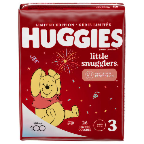 Designed for 360 degrees of soft and comfy gentle skin protection for your baby’s delicate skin, Huggies Little Snugglers Diapers are our perfect choice for your little one. Little Snugglers feature Huggies' GentleAbsorb Liner that absorbs wetness on contact and eliminates leaks for up to 12 hours, helping keep your baby’s skin clean and healthy. Plus, with a soft, back pocketed waistband, these disposable baby diapers help prevent leaks and blowouts to protect your baby’s sensitive skin. Extra soft materials provide a gentle tummy fit for extra comfort and protection during Tummy Time and Feeding Time. Little Snugglers baby diapers are hypoallergenic and dermatologist tested, making them safe for sensitive skin. They're also fragrance free, lotion free, paraben free, and free of elemental chlorine and natural rubber latex. Little Snugglers also feature a wetness indicator, so you'll always know when your little one is ready for a diaper change. Sizes 2-6 also feature Double Grip Strips to help keep the diaper in place when your baby is moving. Featuring exclusive and adorable Disney Winnie the Pooh designs, Little Snugglers Diapers are available in size Preemie (up to 6 lbs), size Newborn (up to 10 lbs), size 1 (8-14 lbs), size 2 (12-18 lbs), size 3 (16-28 lbs), size 4 (22-37 lbs), size 5 (27+ lbs) and size 6 (35+ lbs). Join Huggies Rewards+ powered by Fetch to get rewarded. Earn points on Huggies diapers and wipes, in addition to thousands of other products to redeem for hundreds of gift cards. Download the Fetch Rewards app to get started today!