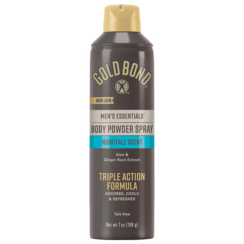 New look. Aloe & ginger root extract. Triple action formula. Absorbs, cools & refreshes. Talc-free. Get cooling & drying power in a refreshing no-mess spray. Convenient odor (Absorbs odor-causing sweat) & wetness protection. Aloe soothes & ginger root extract nourishes skin. Use the spray before work, physical activity, or after showering to keep you cool, dry & comfortable. Sold by weight not volume.
