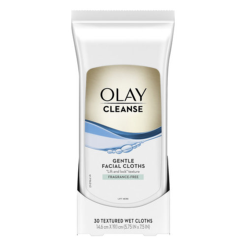 14.6 cm x 19.1 cm (5.75 in x 7.5 in). Lift and lock texture. Fragrance-free. These velvety cloths have a special lift and lock texture that lifts away dirt and makeup to thoroughly cleanse. Formulated with Vitamin E and a light Rose Water fragrance, these cloths will leave your skin feeling clean, smooth and soft in one easy step. olay.com. www.pg.com. Questions? 1-800-285-5170. olay.ca.