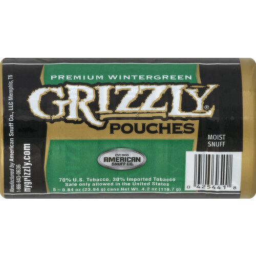 Grizzly Snuff, Moist, Premium Wintergreen, Pouches