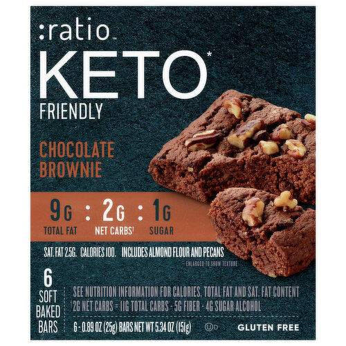 :ratio KETO Friendly Soft Baked Bars are a gluten free, tasty, soft baked bar option that still fits a variety of lifestyle goals. It's perfect on the go or as an option for breakfast. At :ratio, we know making daily food choices can be a tricky equation – that’s why we’ve done the math for you, so you can spend less time reading labels and more time living. With a focus on carefully selected ingredients, :ratio strikes a unique combination of protein, net carbs and sugar to keep you going. These soft baked bars have no added sugar and no artificial flavors or colors from artificial sources. Contains 6 soft baked bars in total.