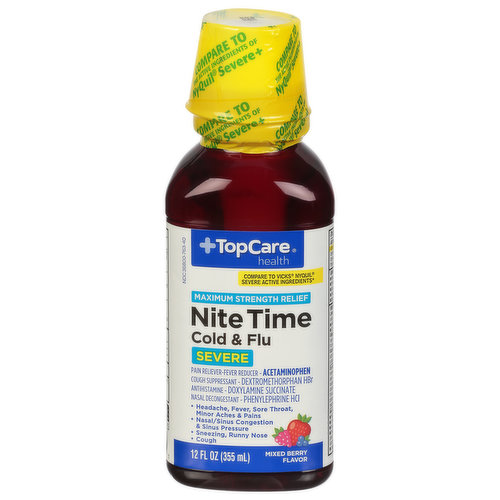 TopCare Cold & Flu, Maximum Strength Relief, Severe, NiteTime, Mixed Berry Flavor