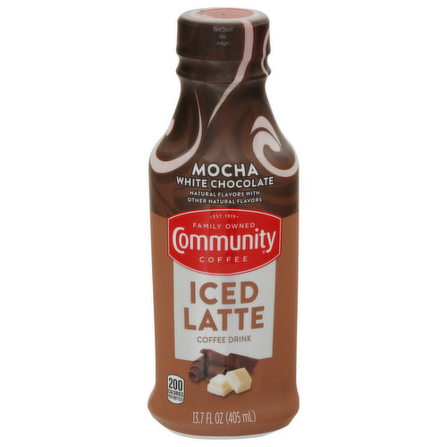 Est.1919. Family owned. Indulge in the sweet swirl of milk chocolate and white chocolate flavors in this rich, creamy iced latte. Natural settling may occur. Please recycle. Proof of Purchase: Community Coffee Cash for Schools - 1 point. CommunityCoffee.com/CashforSchools.