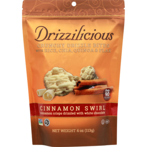Cinnamon crisps drizzled with white chocolate. Only 90 calories per serving. Certified gluten free. Non GMO Project verified. nongmoproject.org. With rice, chia, quinoa & flax. Guilt free indulgence! Drizzilicious crunchy bites are reinvented mini rice crisp drizzled with indulgent deliciousness. A crispy better-for-you snack made with wholegrains, quinoa, chia and flax; loaded with wholesome goodness and popped to perfection. The ideal combination of great taste, nature's super foods and drizzled decadence. At just 90 calories per serving (21 crisps), Drizzilicious is a smart little snack for you can feel really good about! www.drizzilicious.com Made in USA.