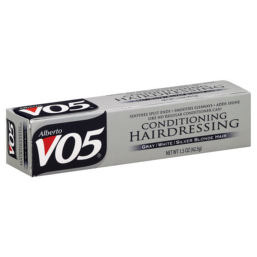 Soothes split ends. Smooths flyaways. Adds shine like no regular conditioner can! VO5 Conditioning Hairdressing - the perfect finish! Revitalize dull, dry hair! Our unique formula has an advanced blend of five of the earth's best moisturizers and emollients. Control your split ends. Add shine. Smooth flyaways. Calm frizzies. Add shine. Give your hair great manageability. 100% concentrated. Contains no water or alcohol. www.vo5haircare.com. Made in USA.