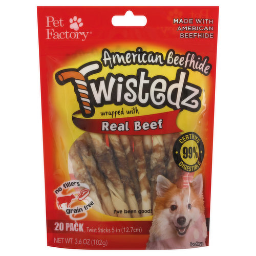 Pet Factory Beefhide, American, Beef, Twist Sticks, For Dogs, 20 Pack