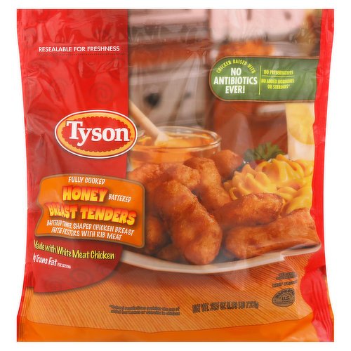 Made with chicken raised with no antibiotics ever and no added hormones or steroids, Tyson Fully Cooked Honey Battered Chicken Breast Tenders are a delicious addition to any meal. Tyson frozen chicken tenders are made with all white meat chicken with no preservatives or fillers, then dipped in a honey sweetened batter for a delicious, ready to eat meal.
