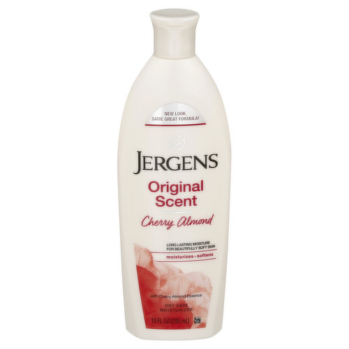 New look, same great formula! Long lasting moisture for beautifully soft skin. Moisturizes & softens. With Cherry Almond Essence. Jergens Original Scent: Moisturizer helps you reveal deeply luminous, visibly softer skin. This unique formula contains an illuminating Hydralucence blend, as well as nourishing hydrators and our classic Cherry Almond Essence. Provides dry skin with long lasting moisture rich hydration for visibly softer skin. Jergens Moisturizers are created to make a beautiful difference for your skin - a difference you can actually see, feel and experience. Only our formulas are made with an illuminating Hydralucence blend. Restore your skin's deep luminosity to reveal skin that's never looked so beautiful. Hydralucence. Dermatologist tested. www.jergens.com. www.jergens.com/patents. how2recycle.info. Questions or comments? Jergens Skincare Experts are always at your fingertips: www.jergens.com or call 1-800-742-8798. Please visit www.jergens.com/patents to determine if this product is protected by any U.S. patents. Made in USA of US & imported ingredients.
