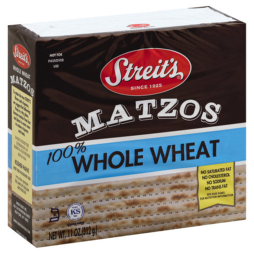 Since 1925. No saturated fat. No cholesterol. No sodium. No trans fat. See side panel for nutrition information. Not for Passover use. Since 1925, when Aron Streit opened his matzo bakery on Rivington Street on the Lower East Side, Streit's has been baking America's favorite matzo! The Streit family continues the tradition with a commitment to the highest standards of quality and excellence. Streit's matzos are baked daily using the finest all-kosher ingredients and contain no preservatives. They make a delicious snack with cheese and spreads and are ideal for people who prefer an active and healthy lifestyle. The taste of a memory. Excellence in kosher baking for over 80 years. Baked under the supervision of Rabbi M. Soloveichik KOF K No. 1944. Kosher-Parve. The laws of Challah are fulfilled. www.streitsmatzos.com. Product of USA.