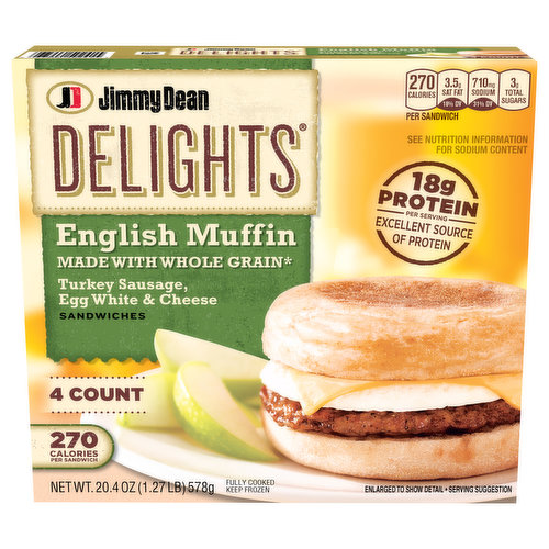 Help give more power to your mornings with Jimmy Dean Delights Turkey Sausage, Egg White & Cheese English Muffin Breakfast Sandwiches. Turkey sausage, egg whites and cheese come together on a whole grain English muffin sandwich for a portable breakfast at home or on the go. With 18 grams of protein and 270 calories per serving, each sandwich is the perfect option to lighten up your breakfast routine.