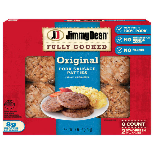 Celebrate the day and the delicious taste of Jimmy Dean Fully Cooked Original Pork Breakfast Sausage Patties. Made with premium pork, seasoned to perfection with our signature blend of spices, these savory Jimmy Dean sausage patties have 8 grams of protein per serving to give you more fuel to help power your day. Simple to prepare and ready in minutes, just microwave and serve.