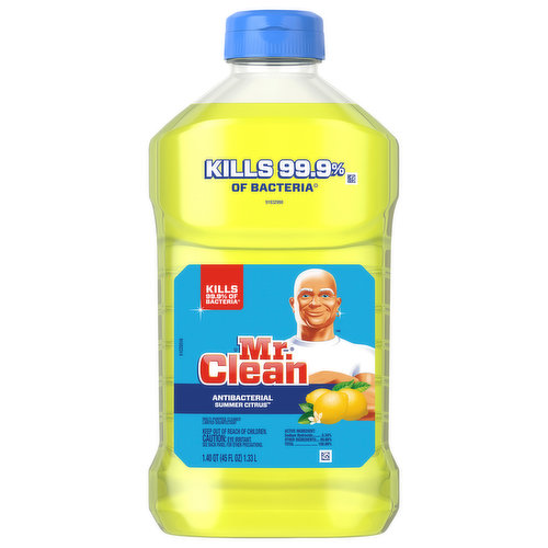 Clean every room of your house with the fighting power of Mr. Clean’s Antibacterial Summer Citrus multi-surface liquid cleaner. Not only does it knock out dirt, it kills 99.9% of bacteria*, and works all around the house on everything from linoleum, to tile, to toilets and bathtubs, and even garbage cans.
